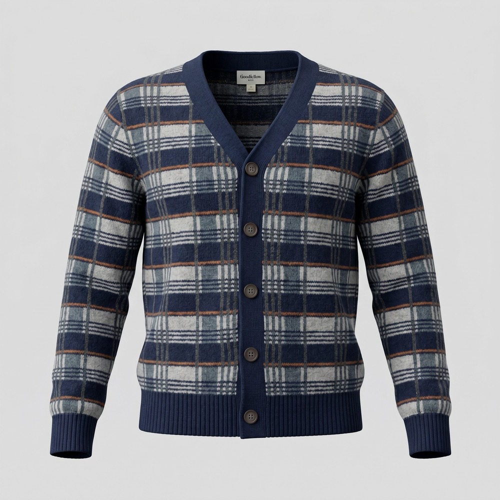 Goodfellow & Co Mens Large Blue Plaid Cardigan Sweater Button Front Cotton Blend